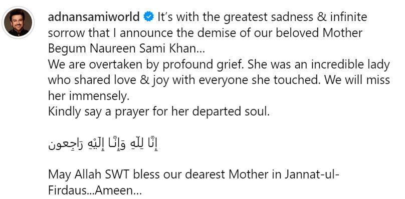 Adnan Sami Khan Mother Passes Away In Pakistan